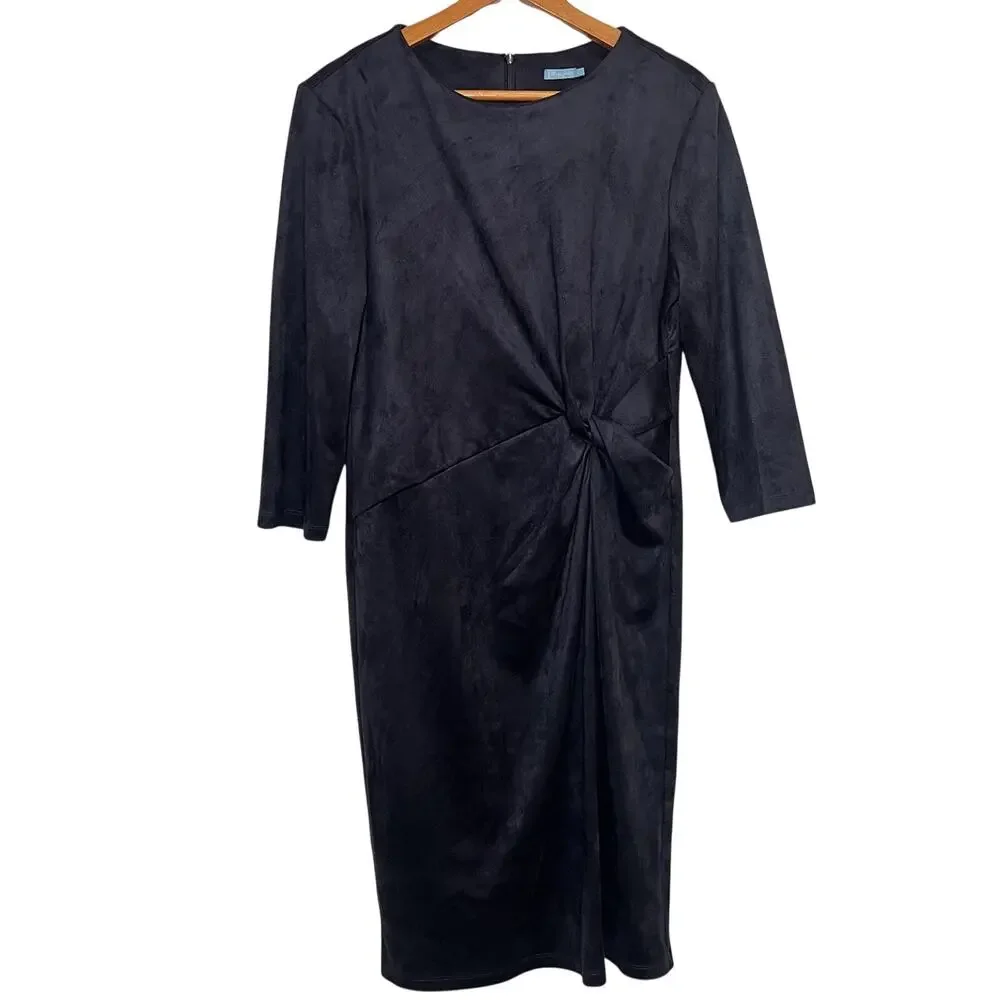 J. McLaughlin Dress Size L Navy Blue Faux Suede 3/4 Sleeves Twist Knot Stretch